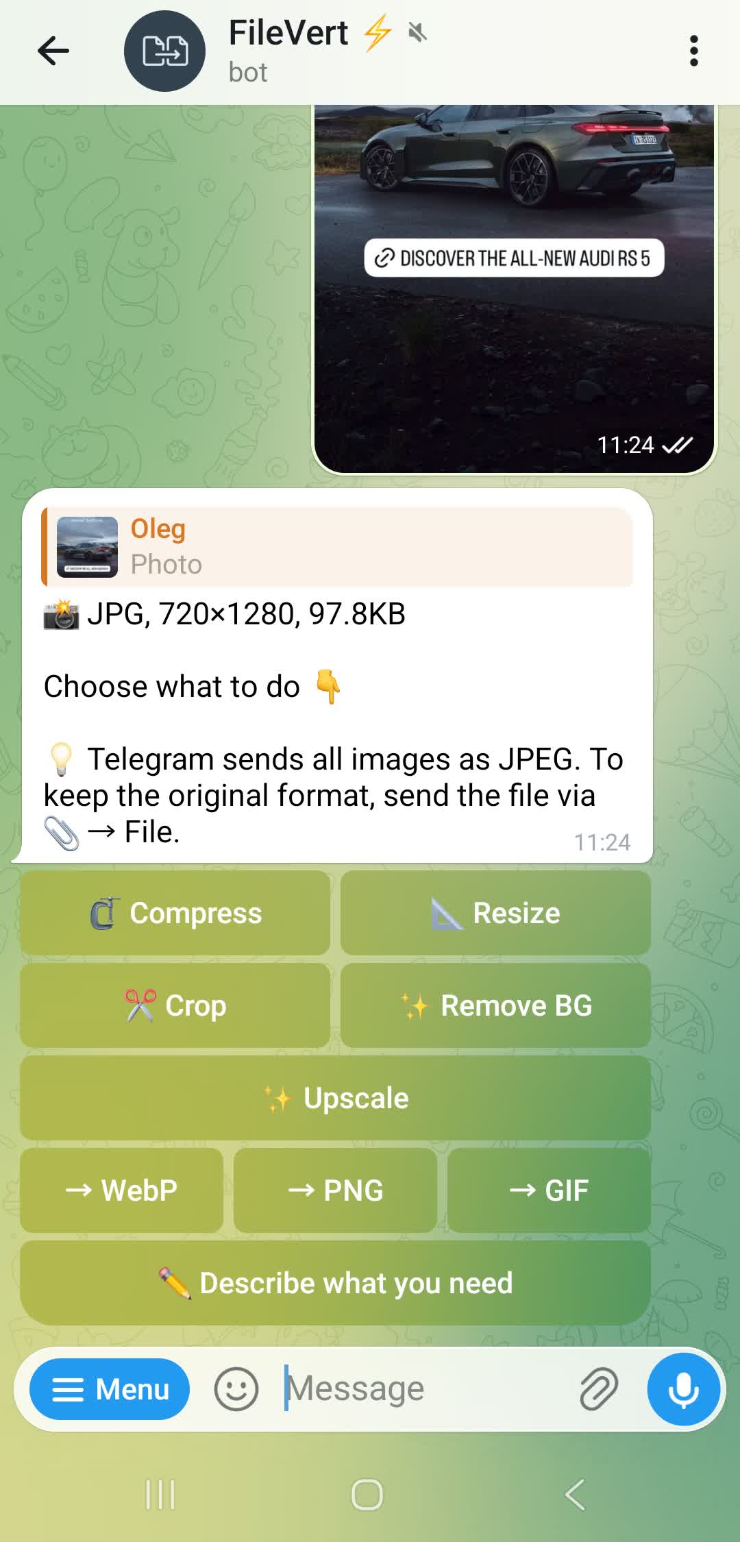File upload with action menu